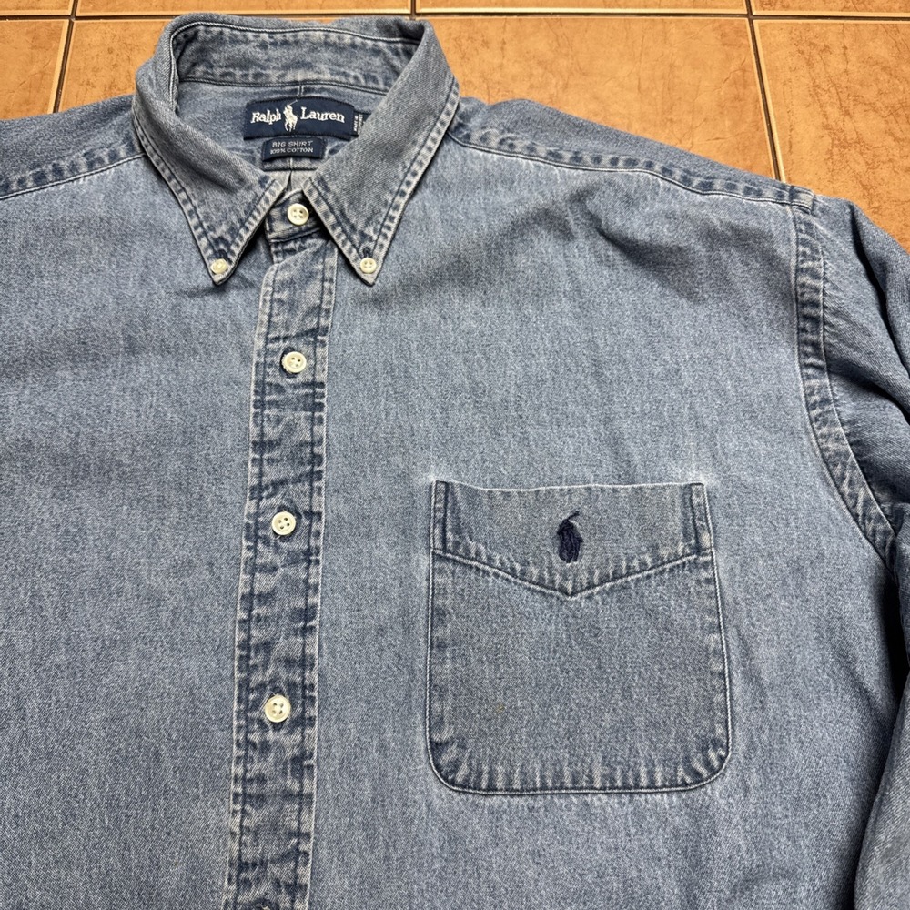Vintage 90s Polo Ralph Lauren Men's Denim Button Up Sz XL Big Shirt Pony Logo - Picture 2 of 8